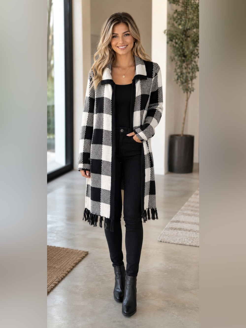 Black and White Plaid Knit Fringe HemCardigan